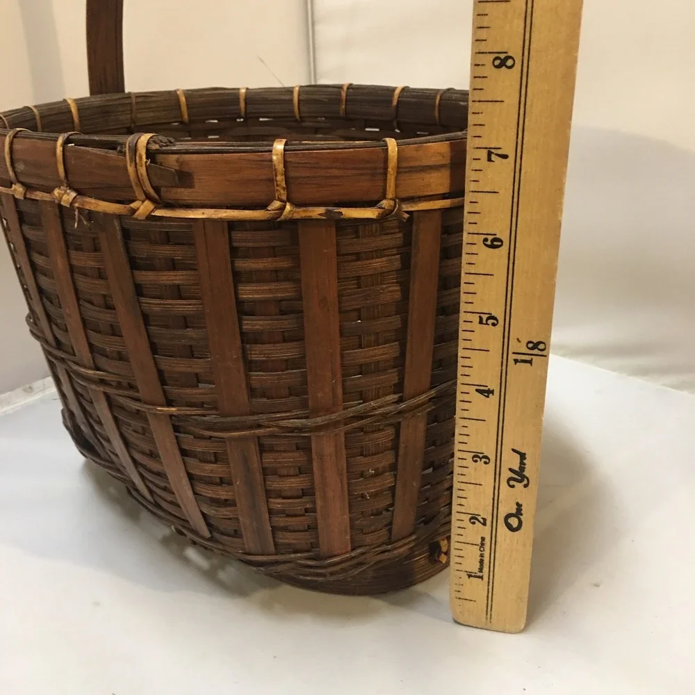 Woven Bamboo Basket Home Decor Brown Oval Footed Handle 9.5in Rustic Bohemian